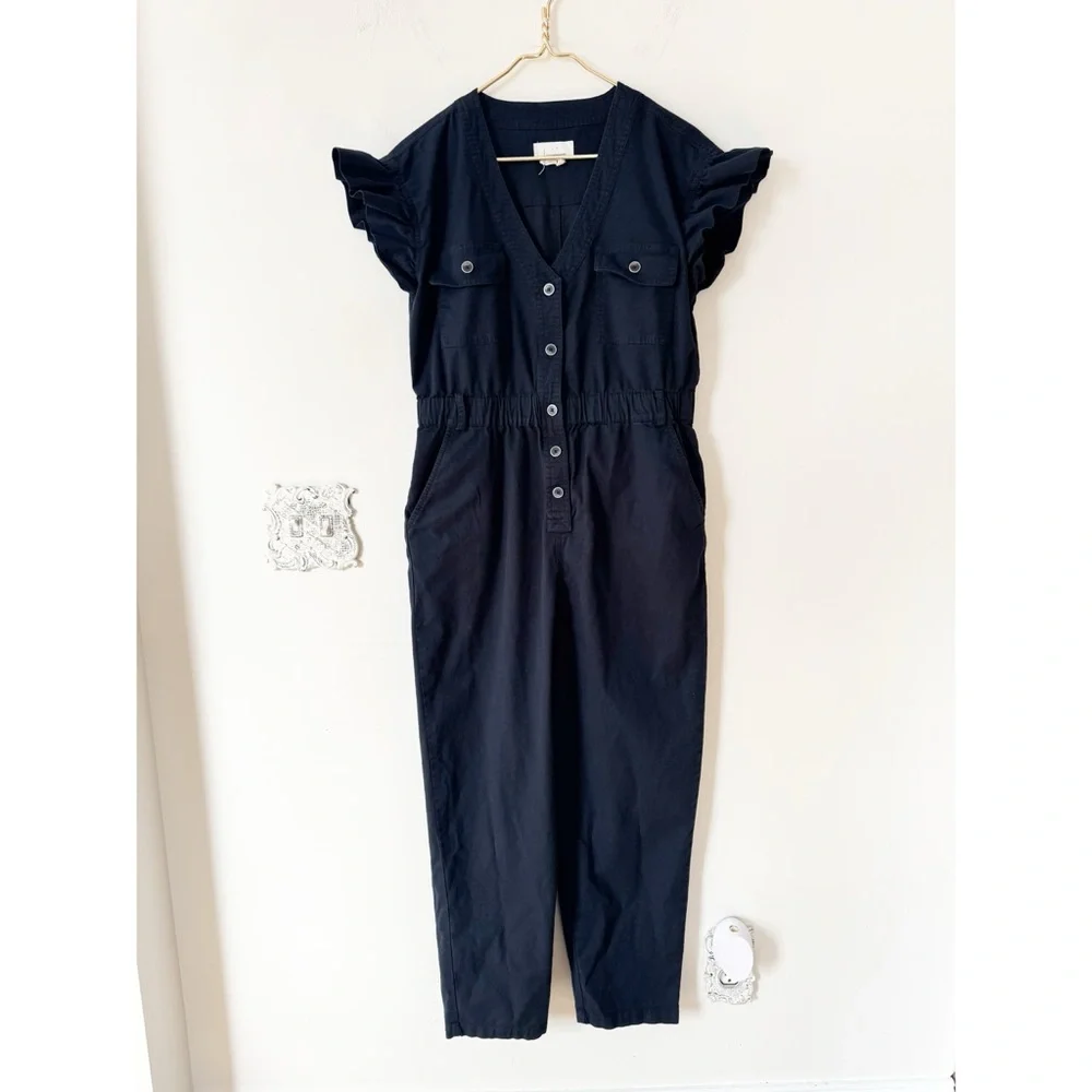 Anthropologie Tapered Ruffle Utility Jumpsuit Washed Black M - Picture 3 of 7